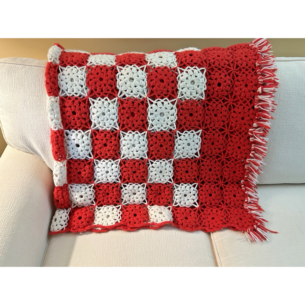 Vintage Handmade Crochet GRANNY SQUARE Afghan Throw Blanket with Fringe 64 x 58